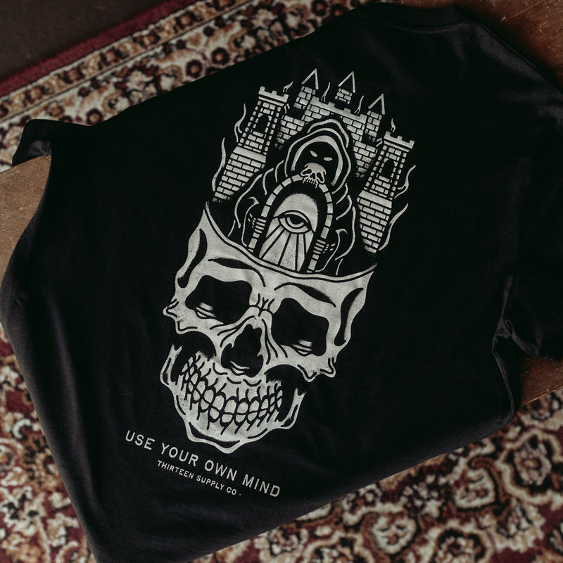 ANYWHERE'S BETTER THAN YOUR OWN MIND - BLACK UNISEX T-SHIRT