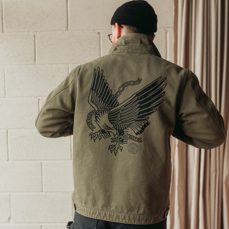 Khaki Heavy canvas jacket - traditional tattoo design
