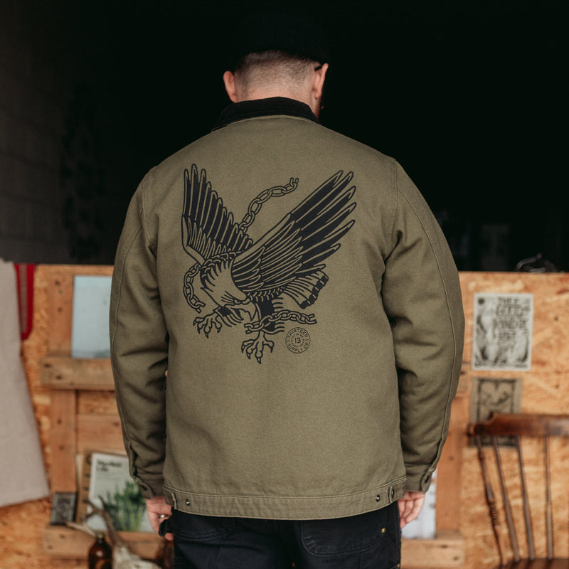 Khaki Heavy canvas jacket - traditional tattoo design