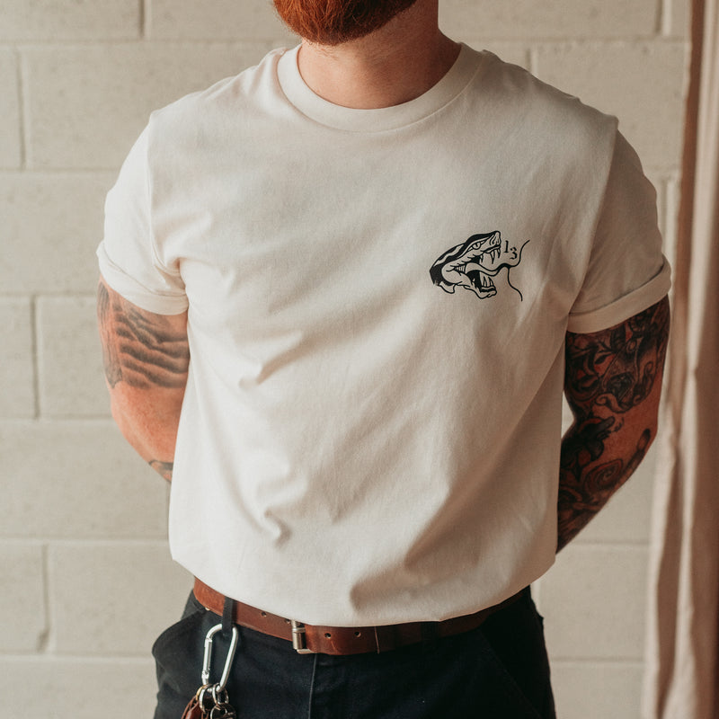 Traditional tattoo snake, torch and hand mens t shirt