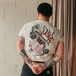 Traditional tattoo snake, torch and hand mens t shirt