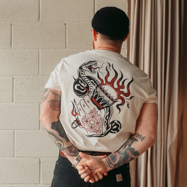 Traditional tattoo snake, torch and hand mens t shirt