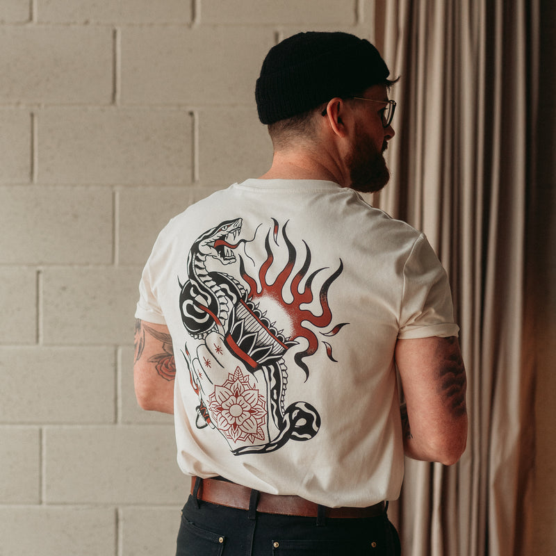 Traditional tattoo snake, torch and hand mens t shirt