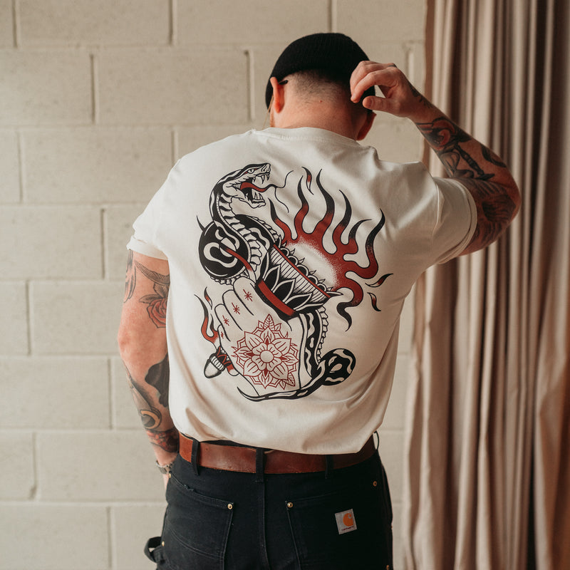 Traditional tattoo snake, torch and hand mens t shirt