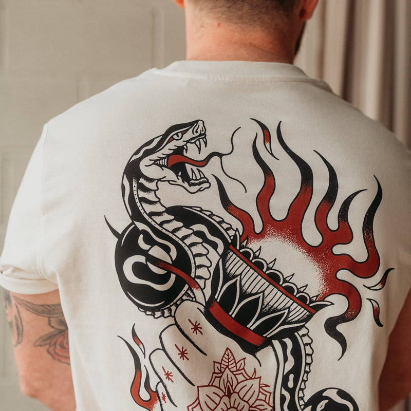 Traditional tattoo snake, torch and hand mens t shirt