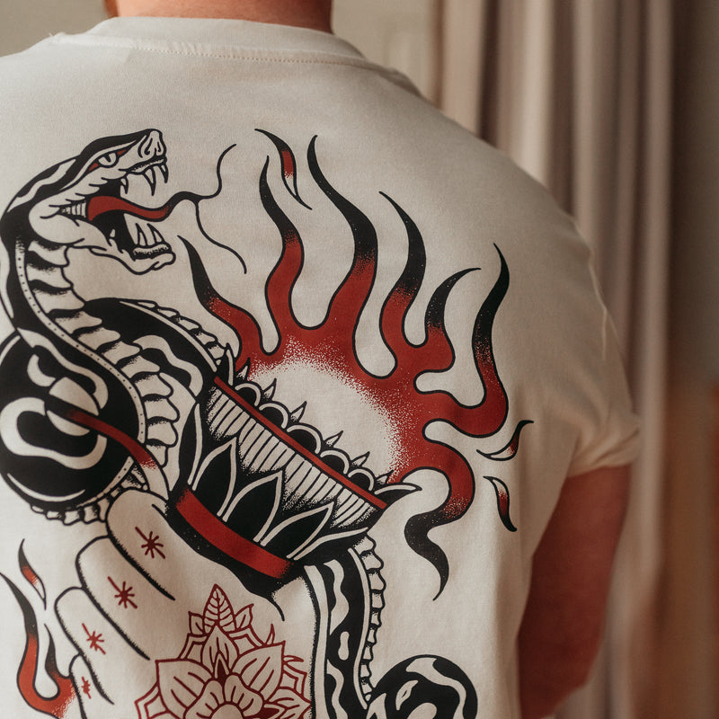 Traditional tattoo snake, torch and hand mens t shirt