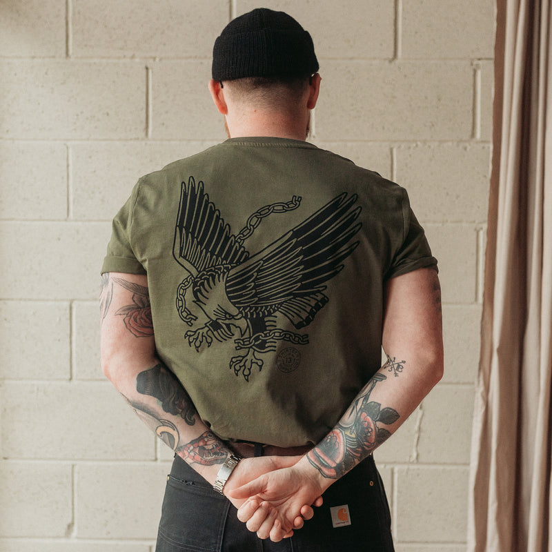 Traditional eagle tattoo design on a khaki unisex t shirt