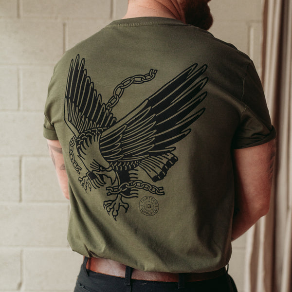 Traditional eagle tattoo design on a khaki unisex t shirt
