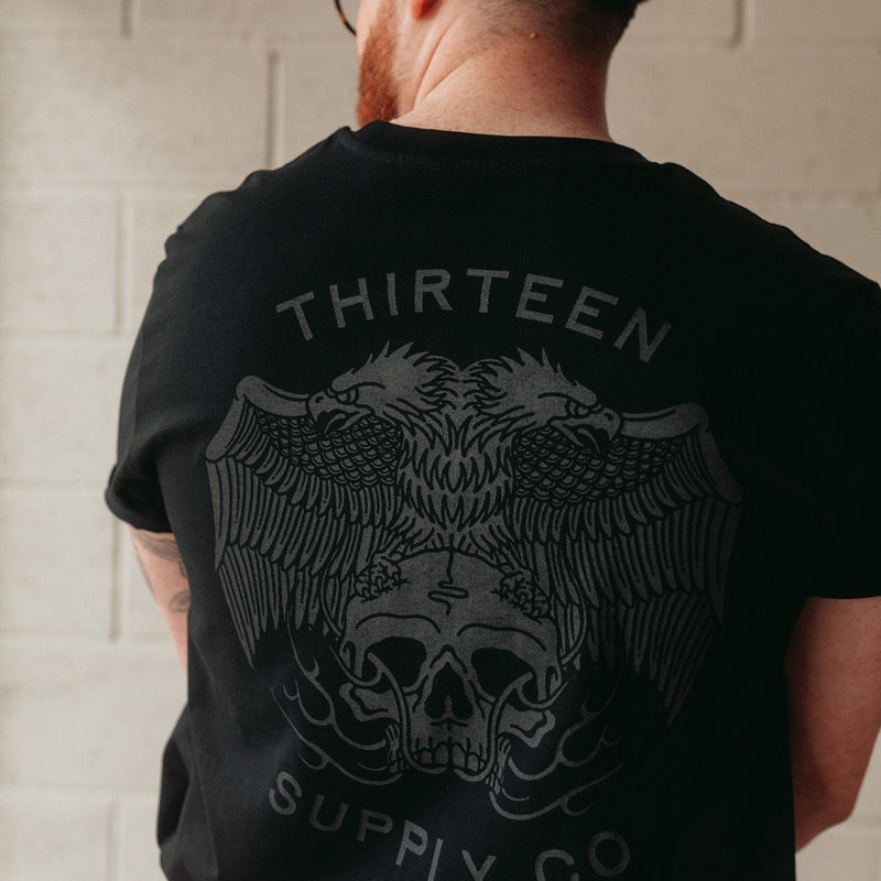 Two headed traditional eagle holding a flaming skull tattoo t-shirt