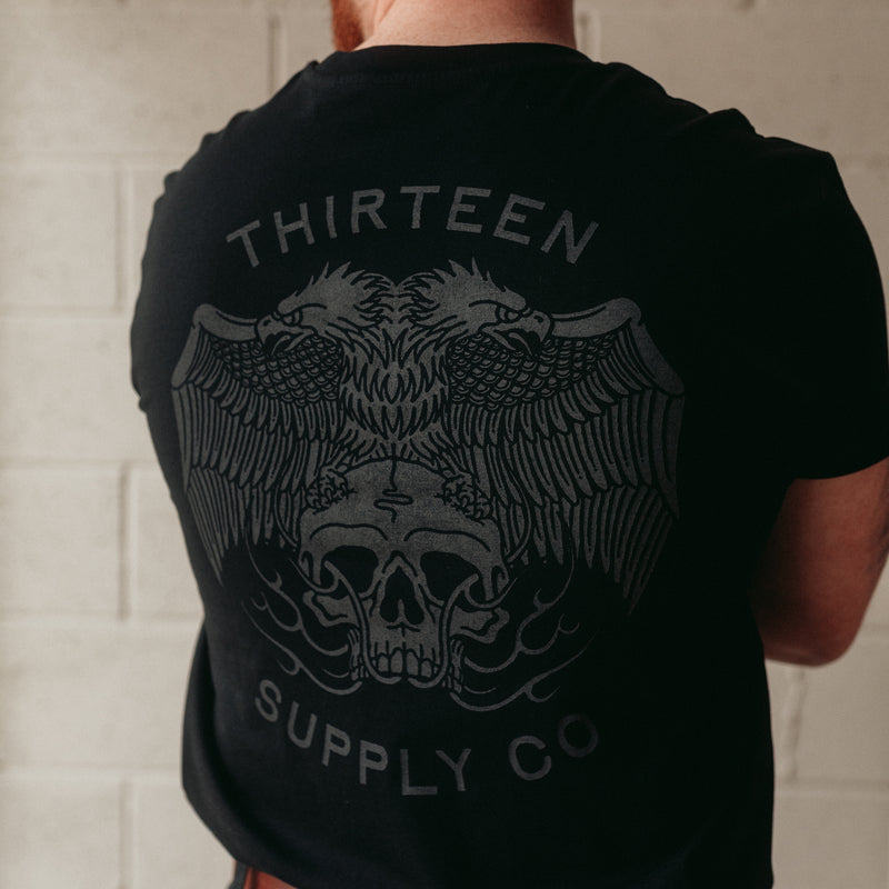 Two headed traditional eagle holding a flaming skull tattoo t-shirt