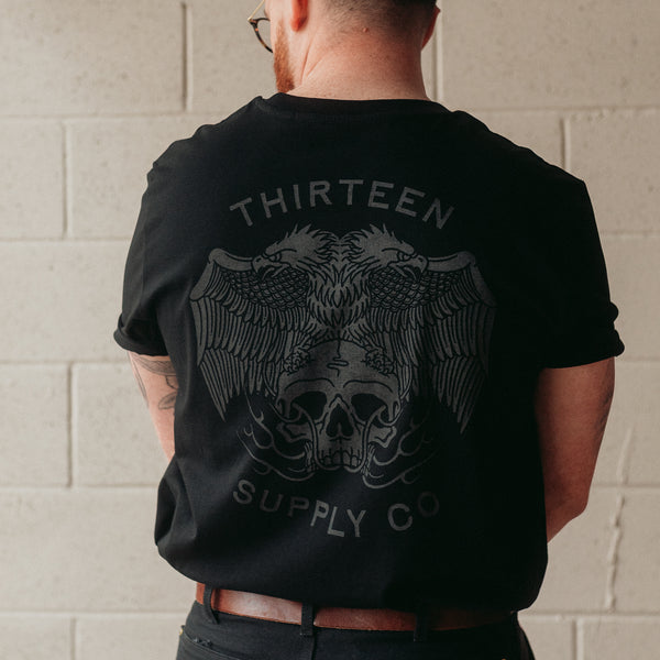 Two headed traditional eagle holding a flaming skull tattoo t-shirt