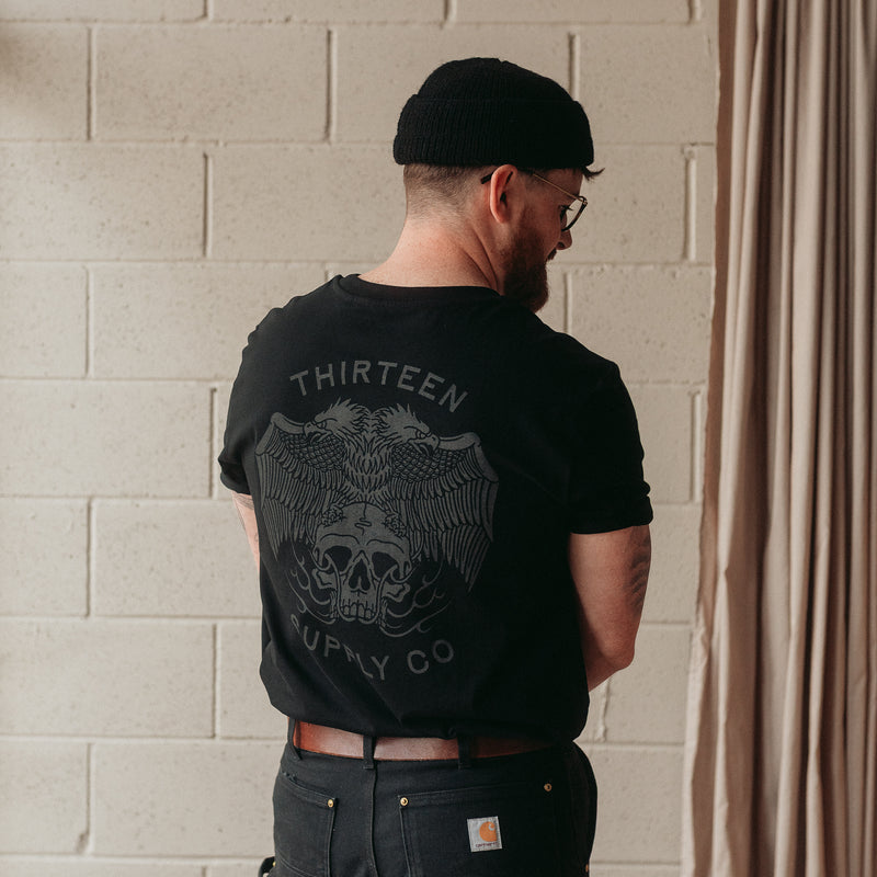 Two headed traditional eagle holding a flaming skull tattoo t-shirt