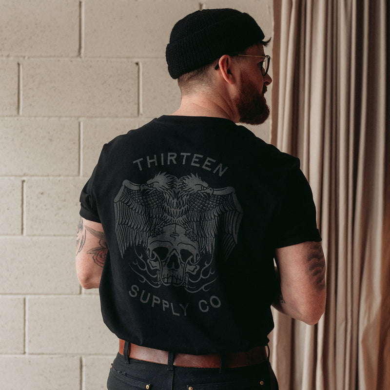 Two headed traditional eagle holding a flaming skull tattoo t-shirt